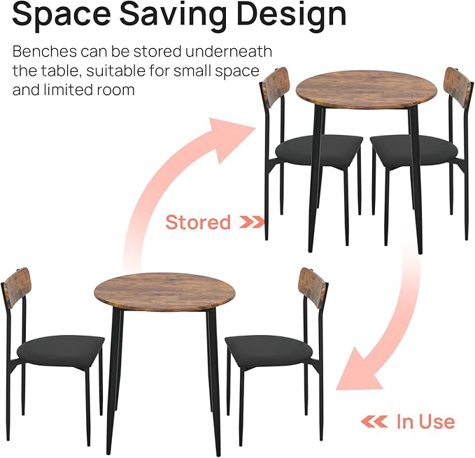 Walsport Round Dining Table Set for 2, 3-Piece Wood Tabletop Samill Kitchen Table and Chairs with Strong Metal Frame, Modern Dinette with Chairs for Small Spaces Living Room (Brown)