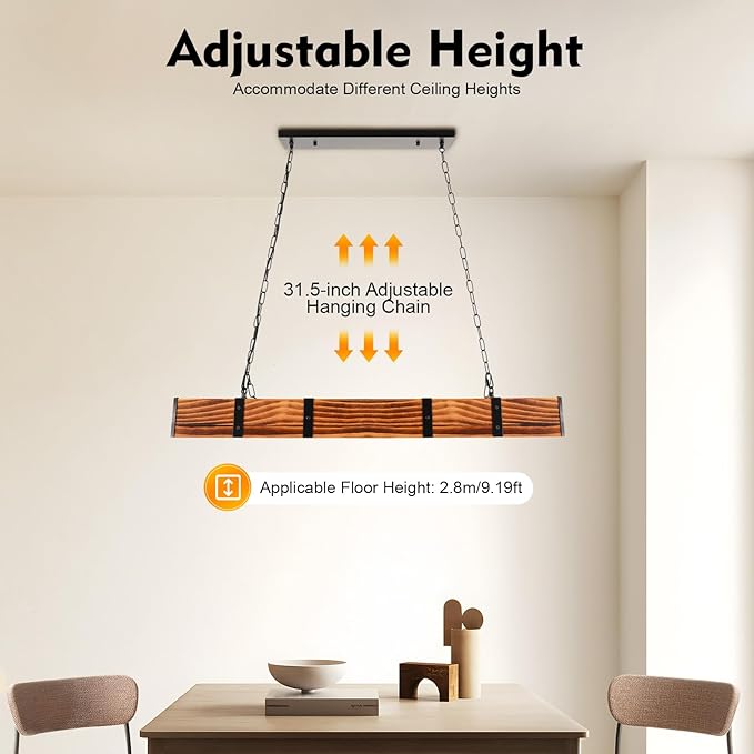 Farmhouse Wooden Light Fixtures Kitchen Island Pendant Lamp Retro Wood and Metal Hanging Light for Living Dining Room Bar Cafe, 4 Lights, 39.4X 3.1x 3.7in
