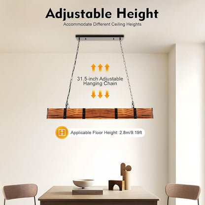 Farmhouse Wooden Light Fixtures Kitchen Island Pendant Lamp Retro Wood and Metal Hanging Light for Living Dining Room Bar Cafe, 4 Lights, 39.4X 3.1x 3.7in