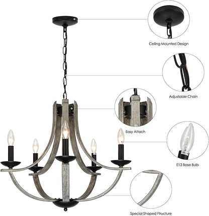 LAMPKEDUO Rustic Farmhouse Chandeliers for Dining Room, 5-Light 24 inch Faux Wood Texture Hanging Light Fixture, Candle Style Chandelier for Living Room Kitchen Island Foyer Entryway