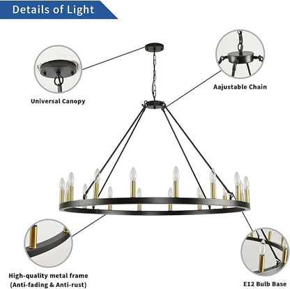 43" Wagon Wheel Chandelier, 16-Light Farmhouse Chandeliers for Dining Room, Black and Gold Foyer Lighting Fixtures, Hanging Pendant Lights Kitchen Island, for Living Room, Entryway, Hallway
