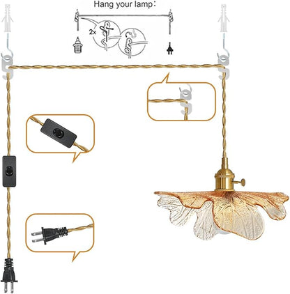 2 Pack Pendant Lights 15ft Hanging Light with Plug in Cord Mid Century Modern Pendant Light Fixtures Hand Blown Amber Glass Pendant Light Plug in Hanging lamp for Kitchen Living Dining Room