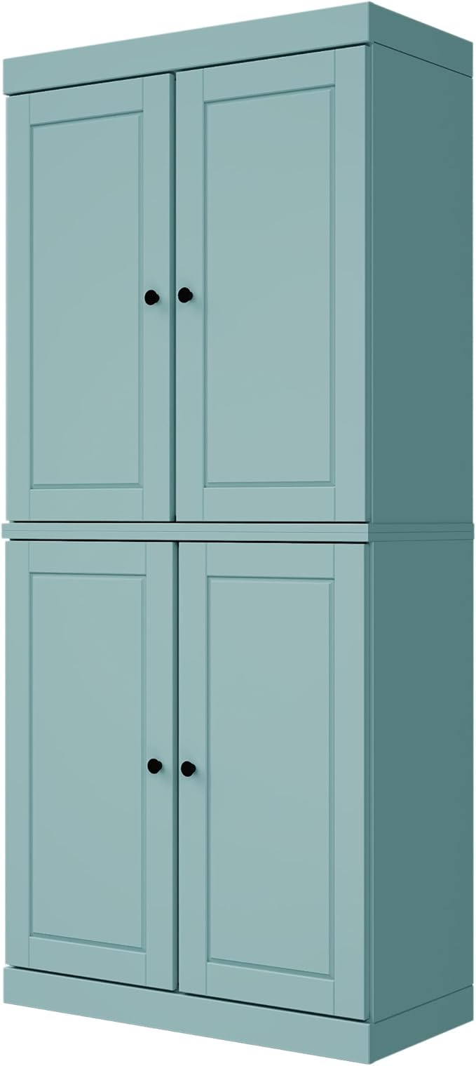 Palace Imports Solid Wood Kitchen Pantry Cabinet - 71.5" H x 32" W, Tall Storage Cupboard - Aqua, Adjustable Shelves & 2-Drawer Kit for Living Space, 100% Renewable Eco-Friendly Wood, Made in Brazil
