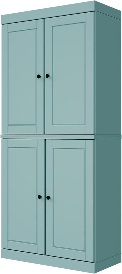 Palace Imports Solid Wood Kitchen Pantry Cabinet - 71.5" H x 32" W, Tall Storage Cupboard - Aqua, Adjustable Shelves & 2-Drawer Kit for Living Space, 100% Renewable Eco-Friendly Wood, Made in Brazil