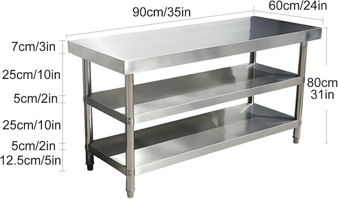 Stainless Steel Table Cooking Table, Kitchen Prep Station, Metal Work Table, Kitchen Island with 3 Shelves, for Home, Kitchen and Dining Room (Color : Thickened 90 * 60 * 80 three layers)