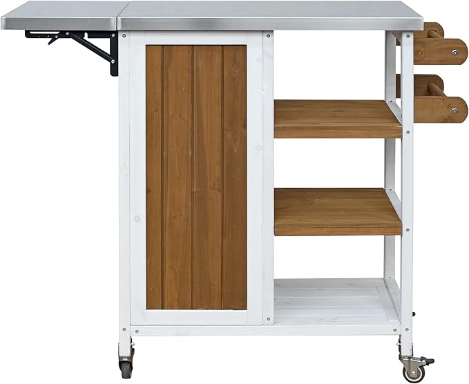 JIJIWANG 33.4" Foldable Outdoor Kitchen Island Patio Kitchen Island Outdoor Kitchen Cart Portable Prep Station with Lockable Wheels, Storage Cabinet and Towel Rack for Patio and Outdoor White+Brown