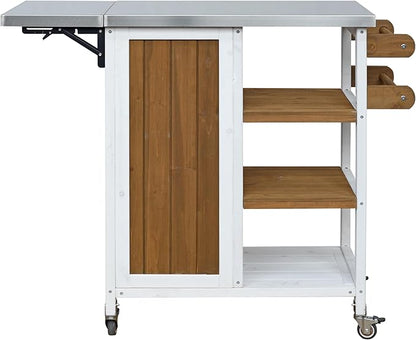 JIJIWANG 33.4" Foldable Outdoor Kitchen Island Patio Kitchen Island Outdoor Kitchen Cart Portable Prep Station with Lockable Wheels, Storage Cabinet and Towel Rack for Patio and Outdoor White+Brown