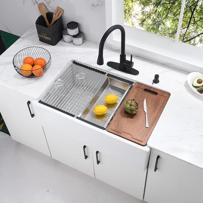 30 Inch White Farmhouse Sink Workstation-Bokaiya 30x20 Fireclay Farmhouse Apron Front Kitchen Sink Ledge WorkstationHeavy Porcelain Ceramic Single Bowl Farm Sink with Cutting Board