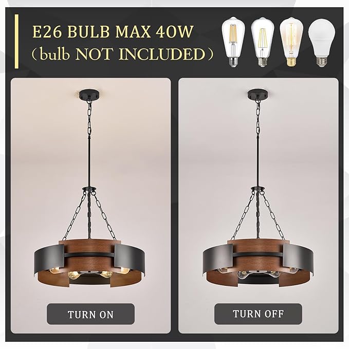 CATINER 24" Industrial Chandelier, Modern Hanging Fixture 6-Light Drum Pendant Light for Living Dining Room Foyer Entryway Kitchen, Black Metal with Red Walnut Grain Finish