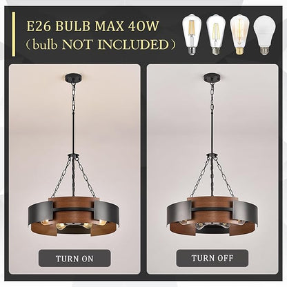 CATINER 24" Industrial Chandelier, Modern Hanging Fixture 6-Light Drum Pendant Light for Living Dining Room Foyer Entryway Kitchen, Black Metal with Red Walnut Grain Finish