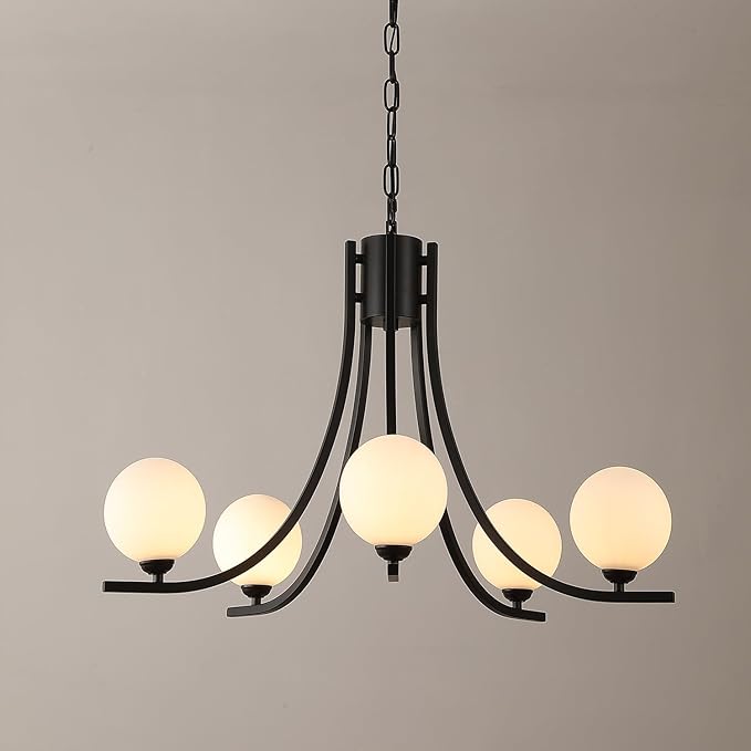 Modern Sputnik Chandelier for Dining Room Black Farmhouse Chandelier Glass Globe Dining Room Light Fixtures Mid Century White Glass Chandelier for Living Room Bedroom Kitchen Island Foyer