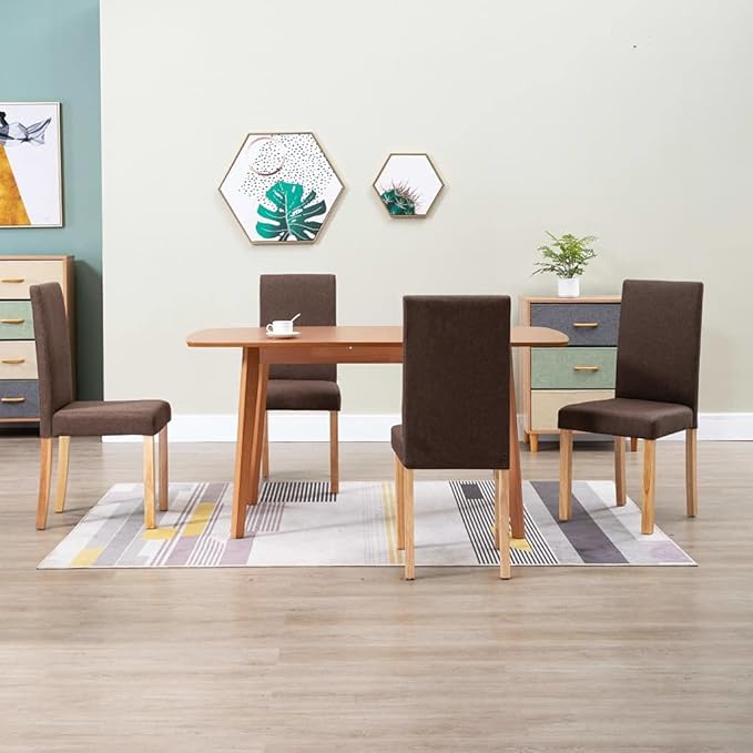 4-Piece Brown Fabric Dining Chairs Set with Rubber Wood Frame, Modern Farmhouse Kitchen Chairs for Dining Room Comfortable Upholstered Seating Furniture