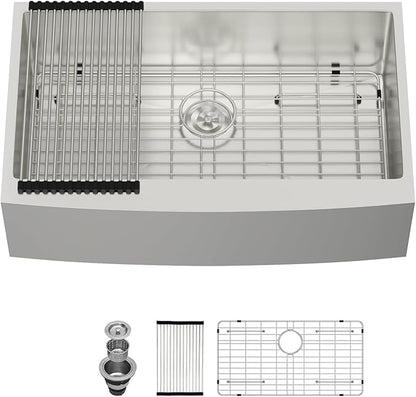 Lordear 33 Inch Farmhouse Kitchen Sink Apron Front 16 Gauge Stainless Steel Single bowl Farmer Sink Single Basin Round Corners 33X21X10 Farm Sinks