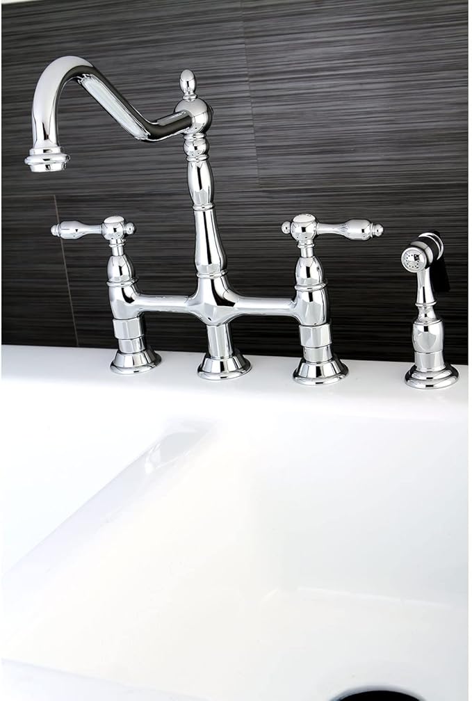 Kingston Brass KS1272TALBS Two-Handle 4-Hole Deck Mount Bridge Kitchen Faucet with Brass Sprayer in Polished Brass