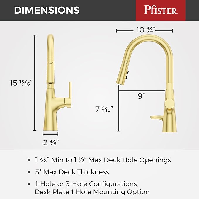 Pfister Tasso Kitchen Faucet with Pull Down Sprayer and Soap Dispenser, Single Handle, High Arc, NSF Certified, Brushed Gold Finish, F5297TSOBG
