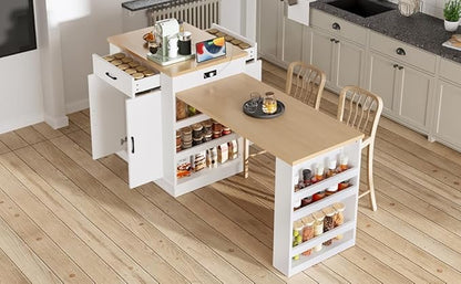 Kitchen Island Console with Storage, White and Natural Wood Top, Extendable Dining Table with Drawers and Shelves, 80.7 x 33.4 x 35.3 Inches (White)