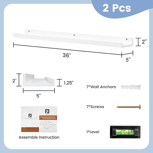 FLYJOE Picture Ledge Shelf for Wall, 36 inch Solid Ash Wood Nursery Book Shelves 2 Packs, Floating Shelves for Kids' Room Bedroom Bathroom Living Room Photo Frames Office Nursey Wall Decor, White