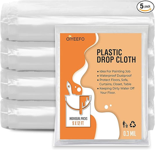 Clear Plastic Sheeting Drop Cloths for Painting, 5 Pcs 9x12ft Plastic Tarp Waterproof Dustproof Almost Tear Resistance Multi-Purpose Furniture Cover Floor Wall Protection Film
