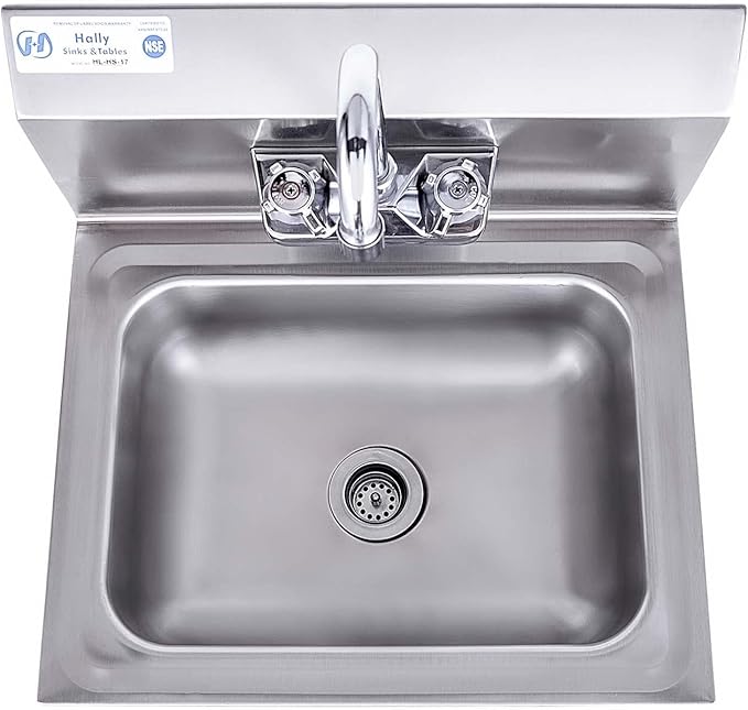 HALLY Stainless Steel Sink for Washing with Faucet, NSF Commercial Wall Mount Hand Basin for Restaurant, Kitchen and Home, 17 x 15 Inches