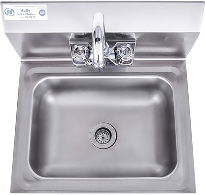 HALLY Stainless Steel Sink for Washing with Faucet, NSF Commercial Wall Mount Hand Basin for Restaurant, Kitchen and Home, 17 x 15 Inches