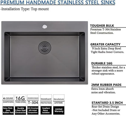 SHACO 28 Inch Drop in Black Kitchen Sink, Gunmetal Black Top Mount Stainless Steel 9 Inch Deep Single Bowl Laundry Utility Wet Prep Sink