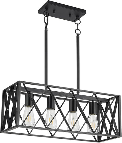 KEESFU Black Farmhouse Kitchen Island Lighting, 4 Lights Pendant Lighting Fixtures, Adjustable Height, Industrial Dining Room Light for Living Room Foyer Dining Table Over Sink.