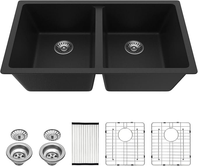 Lordear 31 Black Kitchen Sink Double Bowl Quartz Undermount Kitchen Sink Granite Composite Metallic Black Deep Double Bowl 50/50 Kitchen Sinks with Accessories