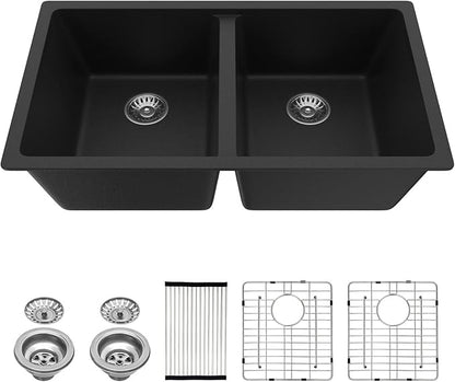 Lordear 31 Black Kitchen Sink Double Bowl Quartz Undermount Kitchen Sink Granite Composite Metallic Black Deep Double Bowl 50/50 Kitchen Sinks with Accessories