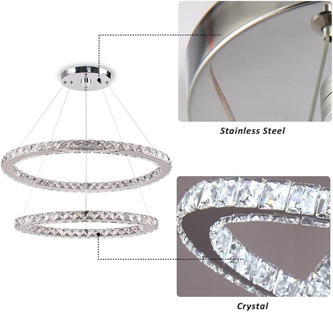 Finktonglan Dimmable Crystal Chandelier, Modern 2 Ring Oval LED Chandelier with Remote & App Control, 23.6"+20" Adjustable Pendant Light, 3 CCT 2500K/4500K/6500K, Kitchen Island Dining Room Bedroom