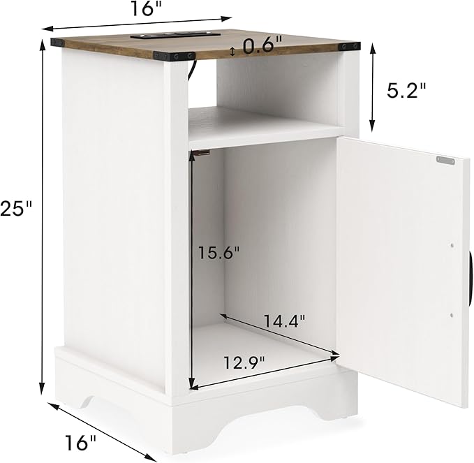 RoyalCraft 25" Tall Farmhouse Nightstand with Charging Station, White End Table with Storage, Large Wooden Rustic Bedside Table for Bedroom, White and Rustic Oak