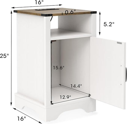 RoyalCraft 25" Tall Farmhouse Nightstand with Charging Station, White End Table with Storage, Large Wooden Rustic Bedside Table for Bedroom, White and Rustic Oak