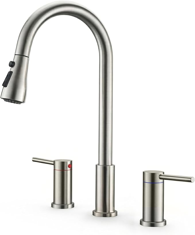 2 Handle Kitchen Faucet with Pull Down Sprayer, 3 Hole Kitchen Sink Faucet with Separate Hot and Cold Handle,3 Mode Spray High Arc Brushed Nickel Kitchen Faucets