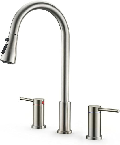 2 Handle Kitchen Faucet with Pull Down Sprayer, 3 Hole Kitchen Sink Faucet with Separate Hot and Cold Handle,3 Mode Spray High Arc Brushed Nickel Kitchen Faucets
