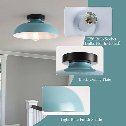 2 Pack Semi Flush Mount Ceiling Lights, 12 Inch Metal Small Ceiling Lights for Kids Room Close to Ceiling Light Fixtures with Light Blue Shade for Hallway Entryway Kitchen Bedroom Bathroom Laundry