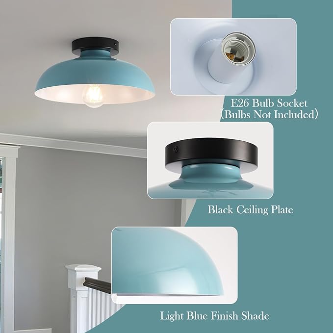 Semi Flush Mount Ceiling Lights, 12 Inch Metal Small Ceiling Light for Kids Room Industrial Close to Ceiling Light Fixtures with Light Blue Shade for Entryway Kitchen Hallway Bedroom Bathroom Laundry
