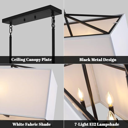 Dining Room Light Fixture Black Chandelier for Entryway 7-Light Large Linear Rectangle Island Lighting White Fabric Kitchen Pendant Light for Kitchen Bedroom Foyer Living Room