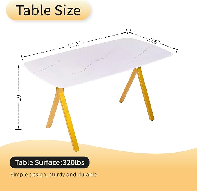 51" White Marble Dining Table, 4-6 Person Modern Kitchen Dining Room Tables with Marble Pattern Tempered Glass Top and Gold X-Shaped Metal Base, Space Saving Rectangle Dinner Table for Home