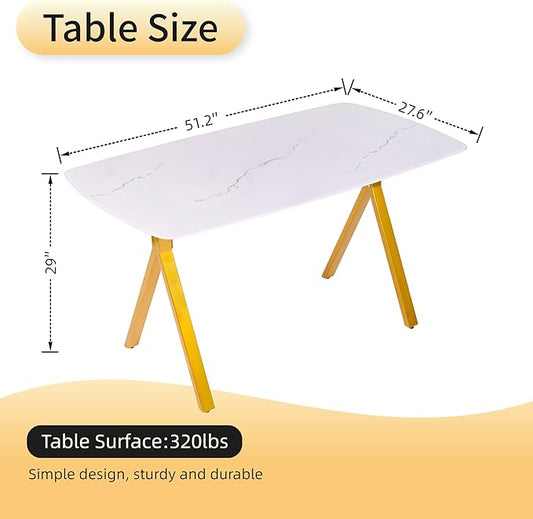 51" White Marble Dining Table, 4-6 Person Modern Kitchen Dining Room Tables with Marble Pattern Tempered Glass Top and Gold X-Shaped Metal Base, Space Saving Rectangle Dinner Table for Home