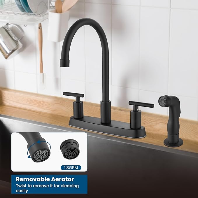 Kitchen Faucets, High Arc 360°Rotating Spout Kitchen Sink Faucet, 2 Handle 8 Inch Centerset RV Kitchen Faucet with Supply Lines, 3 or 4 Hole Kitchen Faucet with Side Sprayer, Matte Black