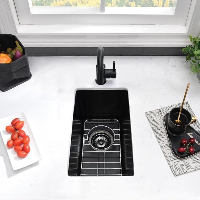12 Inch Black Bar Sink Undermount-VASOYO 12x16 Rv Sink Kitchen Bar Sinks Black Quartz Composite Oudoor Single Bowl Deep Kitchen Sinks with Bottom Grid