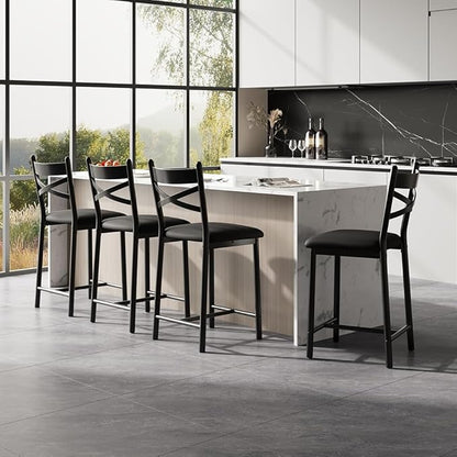 Garvee 26 Inch Bar Stools Set of 4, Counter Height Bar Chairs with Back and Thick Cushion, Upholstered Dining Chairs with Padded Seat, Barstools for Kitchen Island, Bar, Dining Room, Modern Black