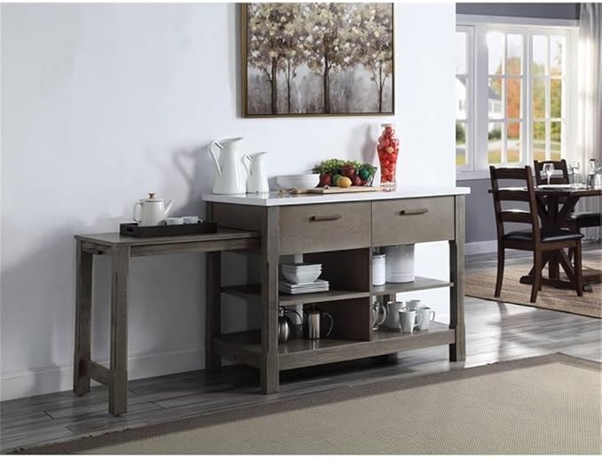 Acme Feivel Kitchen Island with Pull Out Table in Marble Top and Rustic Oak