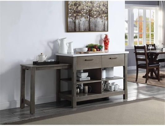 Acme Feivel Kitchen Island with Pull Out Table in Marble Top and Rustic Oak