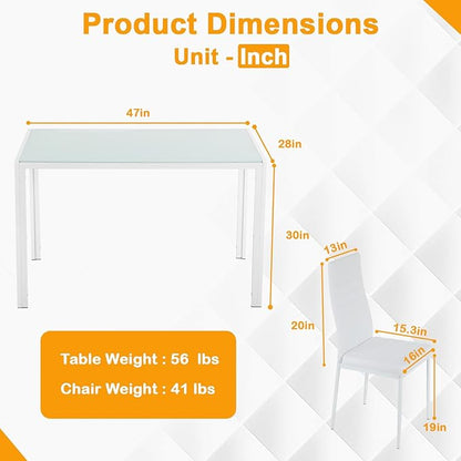 FDW | 5-Piece Dining Table Set | White | Glass Kitchen Table with 4 Upholstered Chairs and Faux Leather Cushions | Space-Saving and Modern Design | for Dining Room, Easy to Assemble