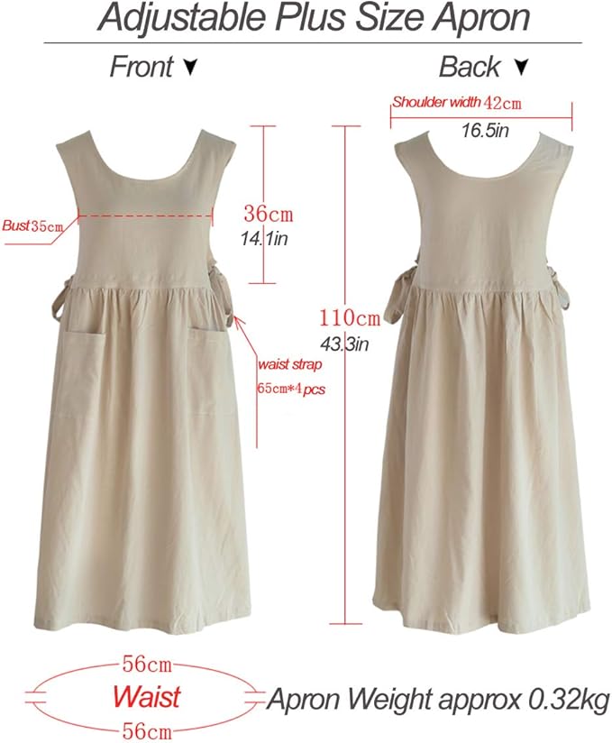 Women Plus Size Cotton Linen Vintage Pleated Split Apron Pinafore Dress with Two Pockets