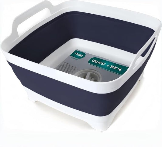 FOSJGO 2.4 Gal(9L) Collapsible Dish Basin with Drain Plug,Space Saving Multiuse Foldable Sink Tub,Dishpan,Kitchen Sink for Camping,Plastic Tub,Vegetable Washing,RV