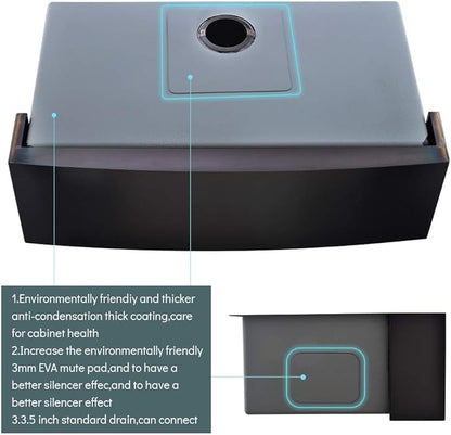 33 Inch Black Farmhouse Sink - VOKIM 33 x 22 Apron Front Farmhouse Sink Stainless Steel 16 Gauge Single Bowl Gunmetal Kitchen Sink