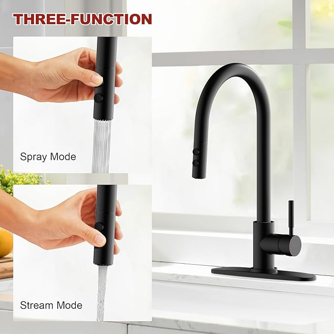Kitchen Faucet with Pull Down Sprayer 17 Inch Tall Single Handle High Arc Kitchen Sink Faucet for Classic with Deck Plate, Matte Black