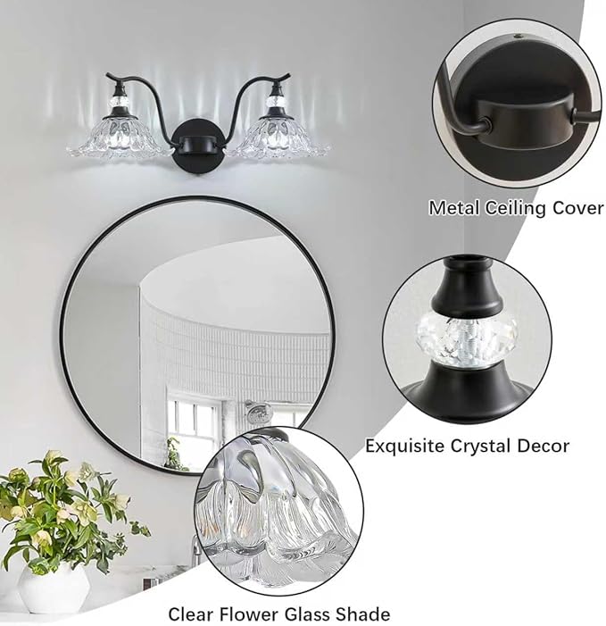 Vintage Bathroom Vanity Light Fixtures - 2 Light Antique Matte Black Bathroom Lights Fixture Over Mirror with Clear Flower Glass,Retro High End Wall-Mounted Vanity Lighting for Bath Powder Room