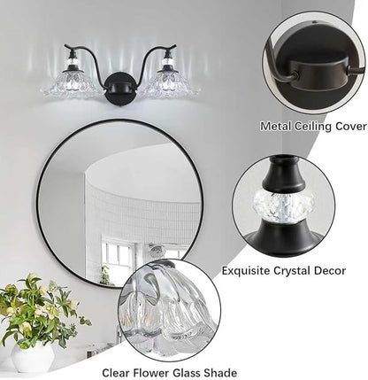 Vintage Bathroom Vanity Light Fixtures - 2 Light Antique Matte Black Bathroom Lights Fixture Over Mirror with Clear Flower Glass,Retro High End Wall-Mounted Vanity Lighting for Bath Powder Room